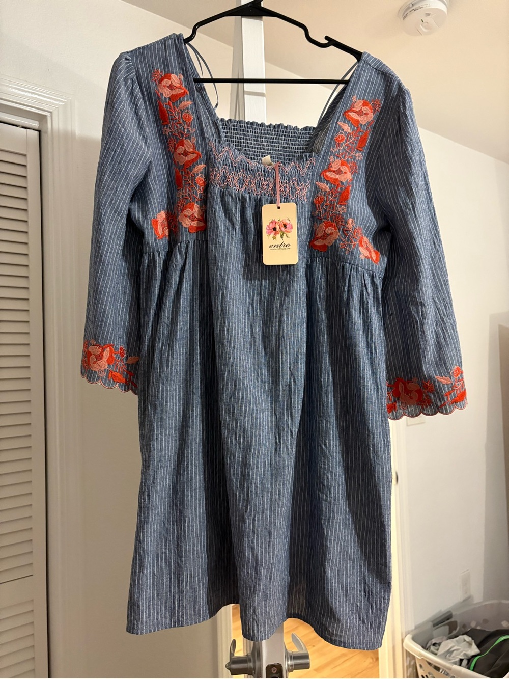 entro Blue Pinstripe Dress with Coral Floral Embroidery